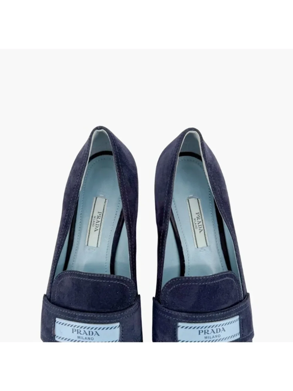 Prada Logo Loafer Pumps Heels Navy Suede Size 37.5 US 7.5 Women’s Blue